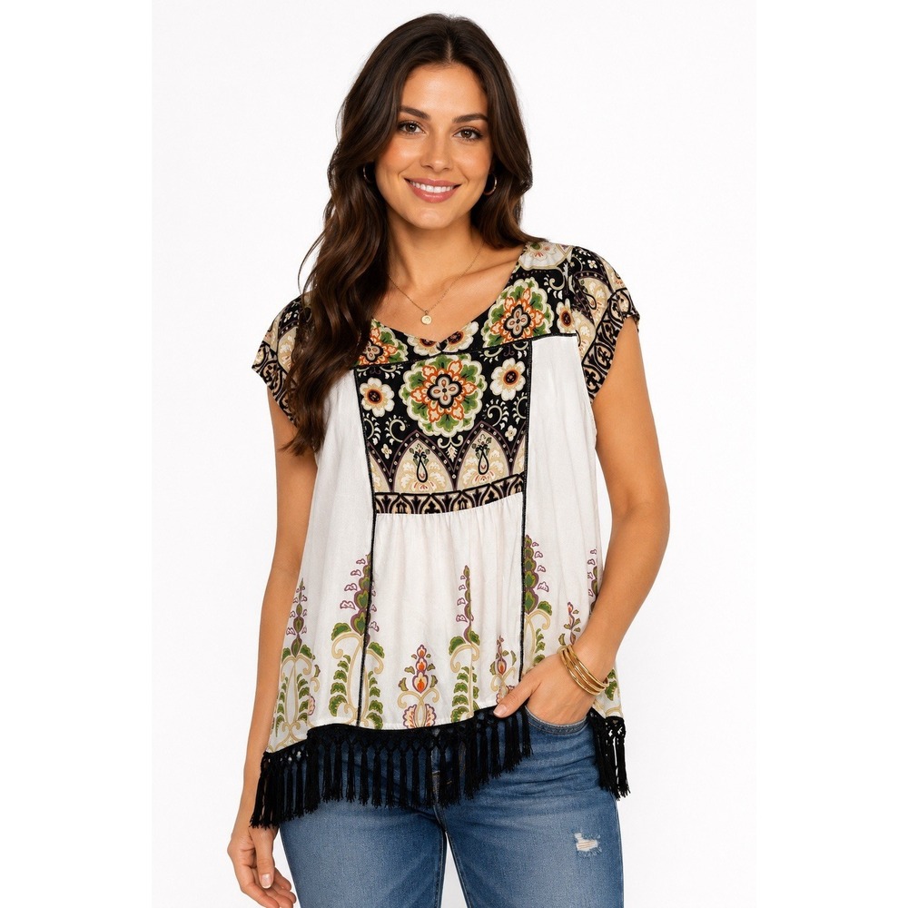 Vanessa Virginia Anthropologie Boho Fringe Floral Print Top Women's M Medium